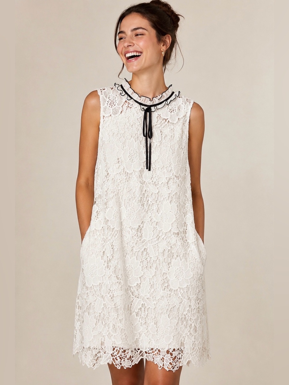 Kensie White Floral Lace Shift Dress Ruffle Neck Pockets XL